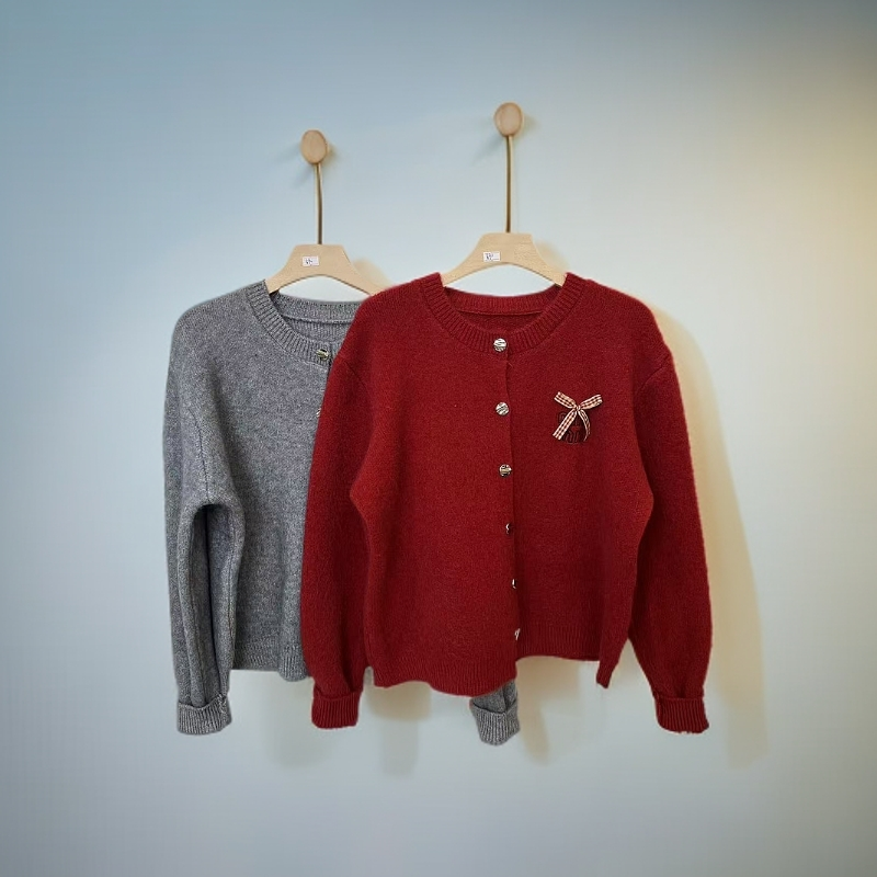 690蝴蝶结开衫毛衣女款时尚百搭圆领简约显瘦毛衣