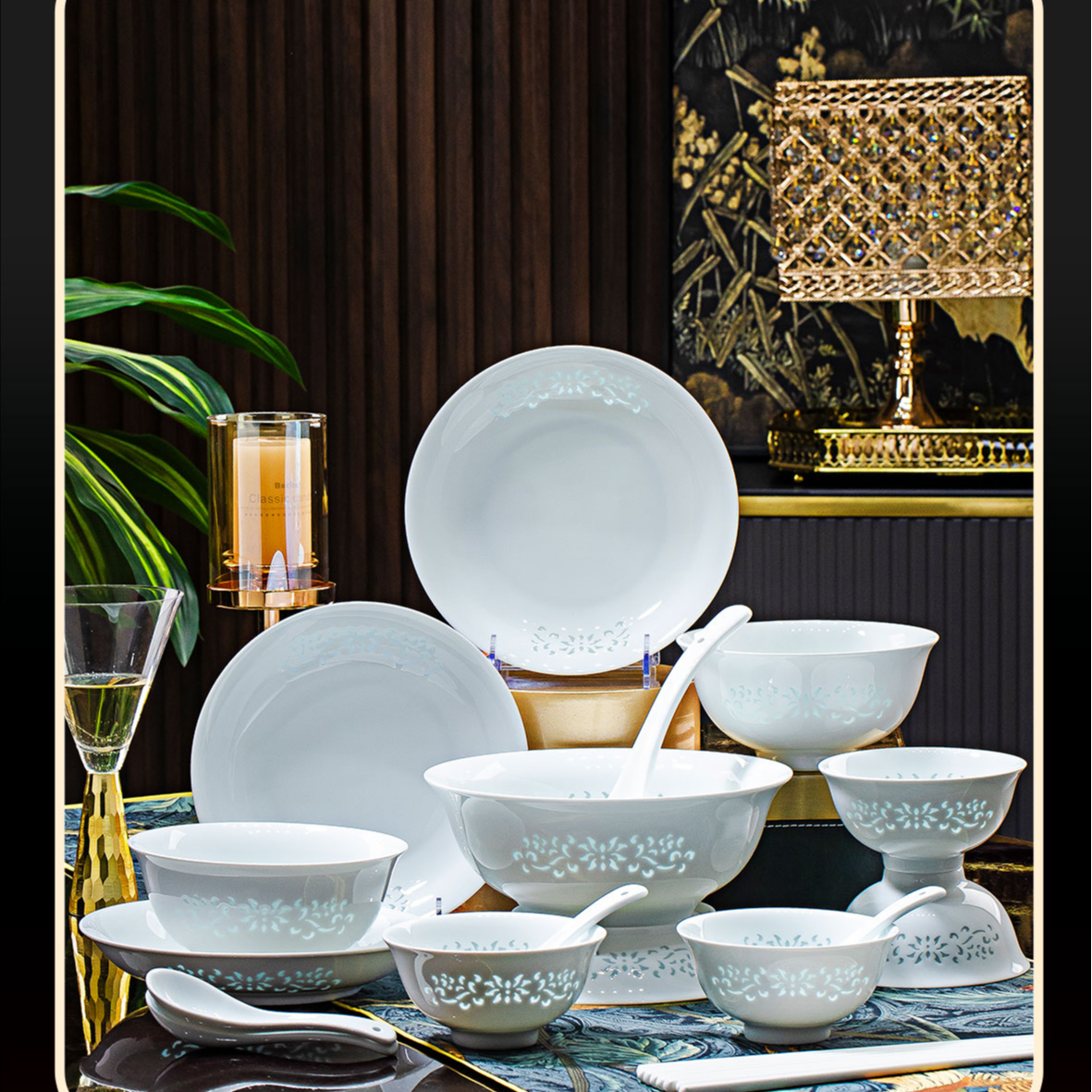 景德镇正宗高温高白泥白瓷缠枝莲4人32件套装家用简约