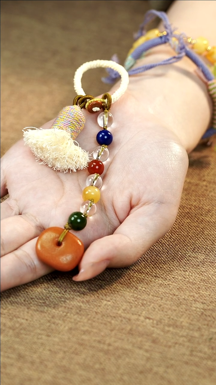 裸石琥珀未镶嵌老蜡饼子多宝设计款手机链