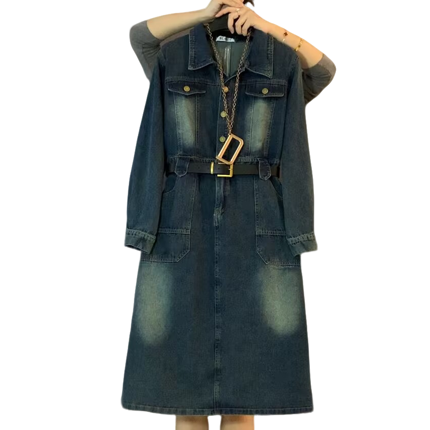 大维罗依GY春季新款腰带百搭长款大码牛仔连衣裙   