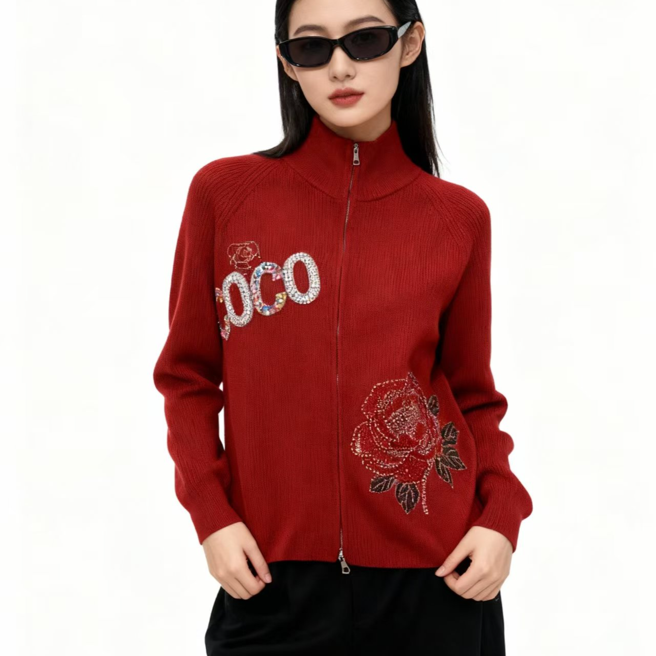 时尚百搭开衫高领长袖休闲烫钻毛衣针织衫-9694-A204