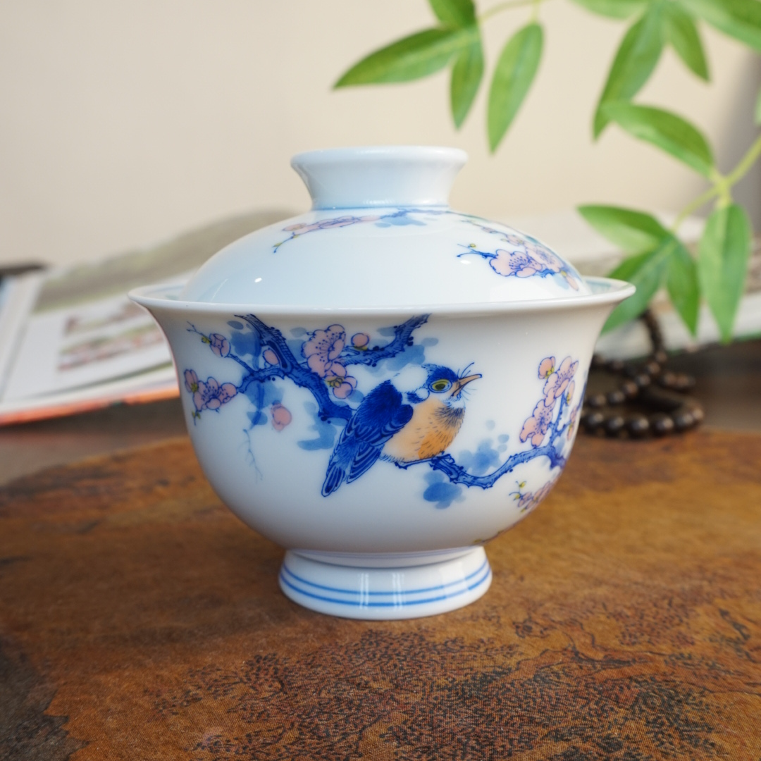 德物小雅纯手工手绘釉下青花五彩喜上眉梢二才盖碗景德镇陶瓷柴窑