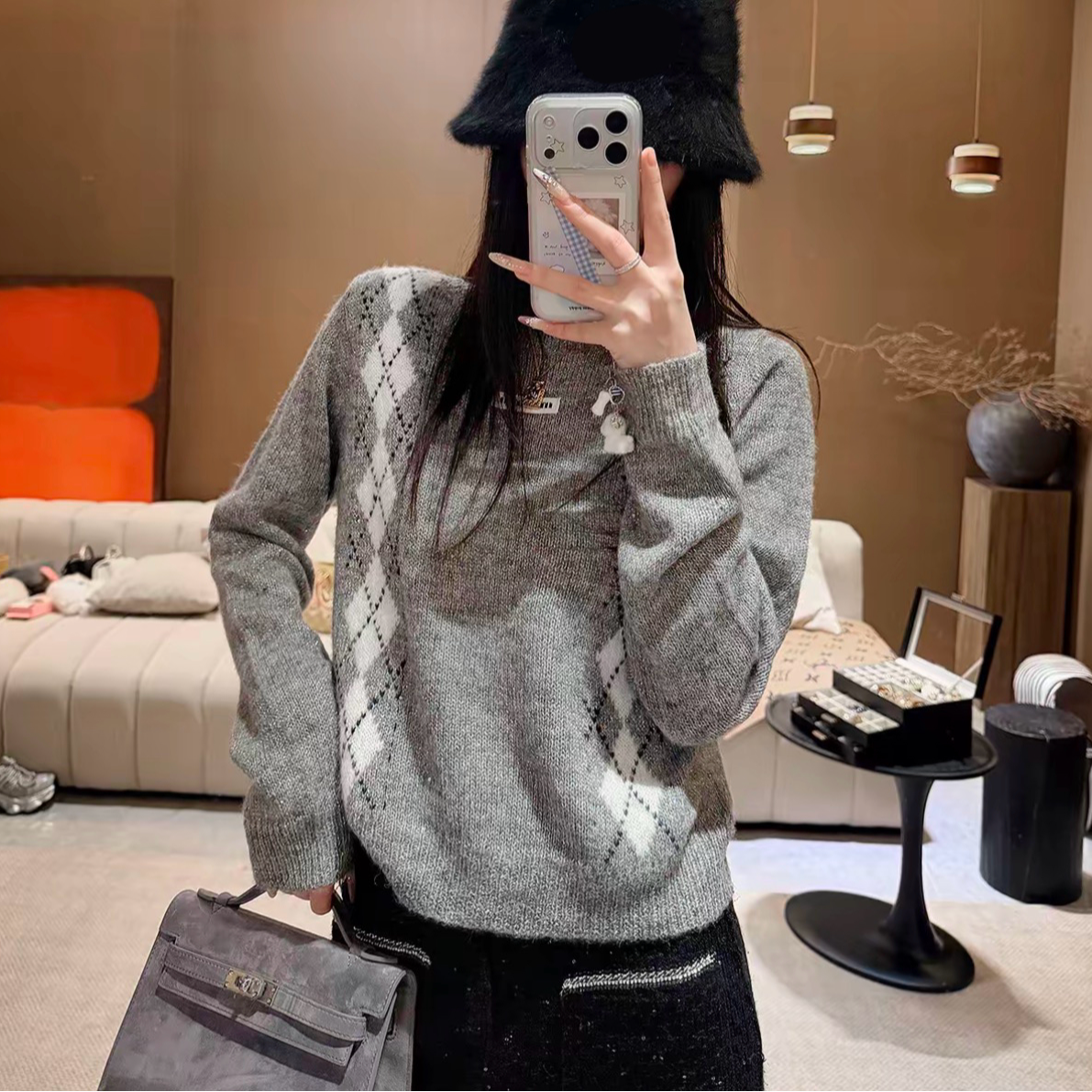 CHENXI 格雷学院风菱格圆领灰色毛衣 6212