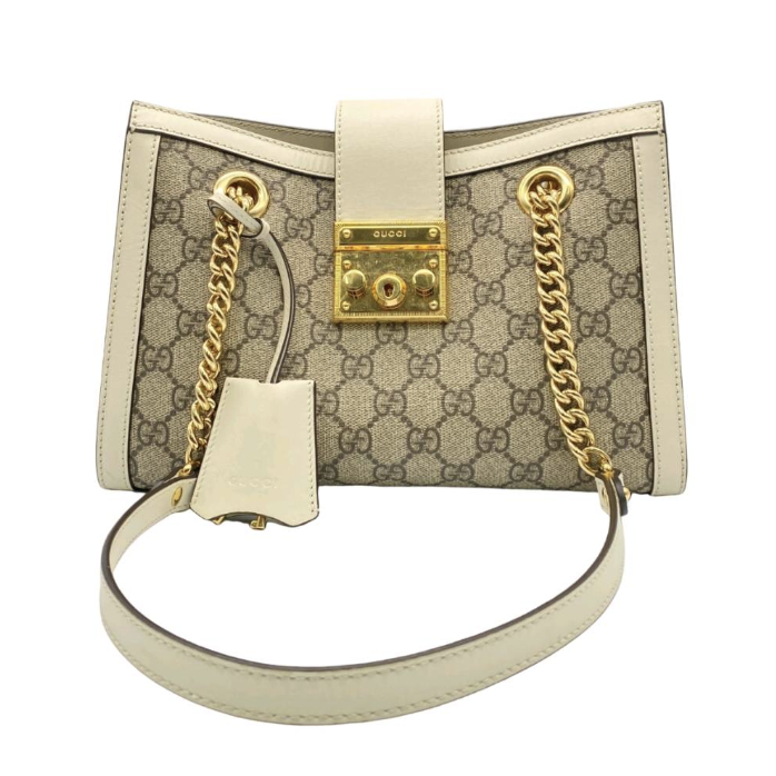 99新 GUCCI/古驰 Padlock  金属锁头锁扣老花托特包（拼白）