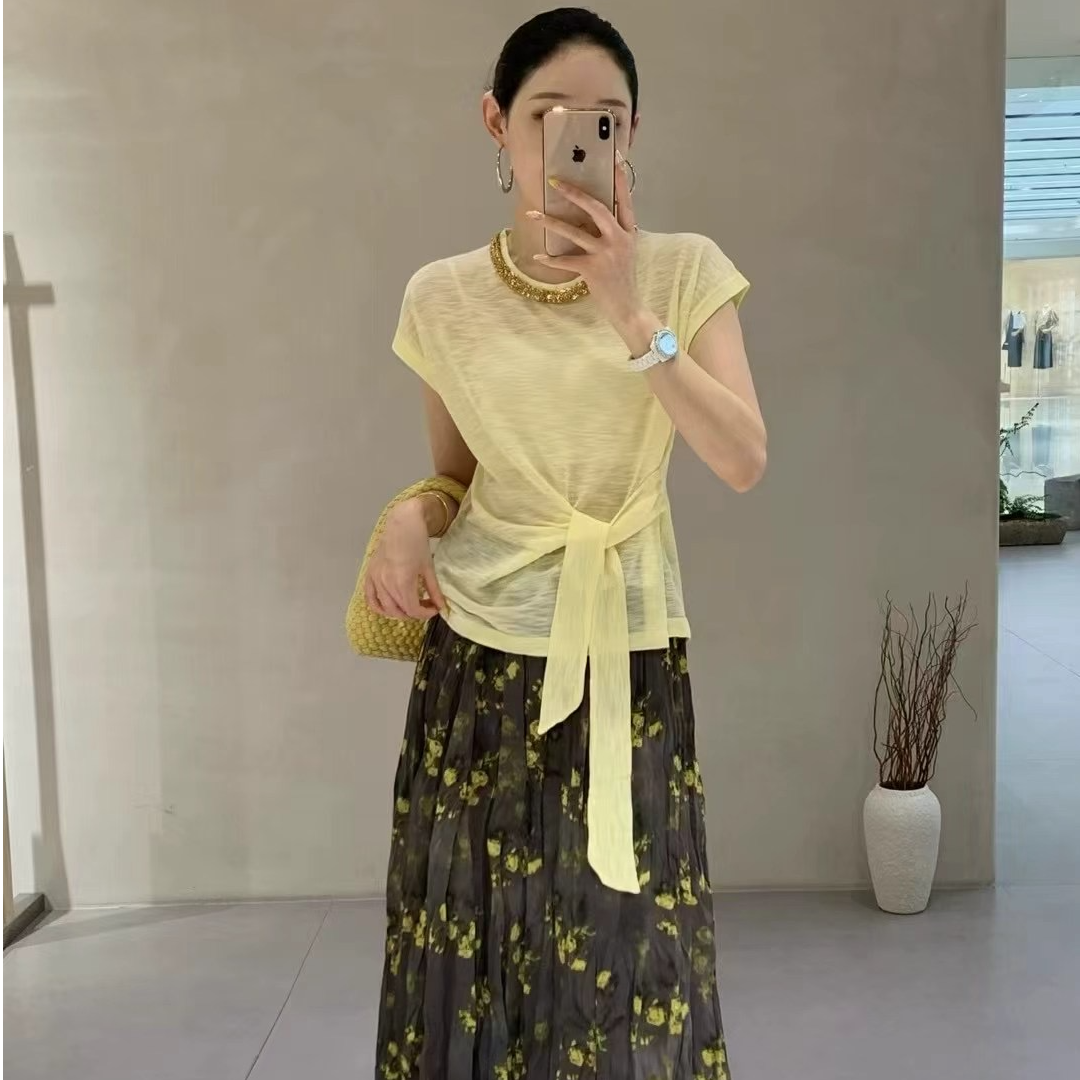 【新粉立减】夏季新款韩版圆领高定收腰系带飞飞袖薄款针织上衣女