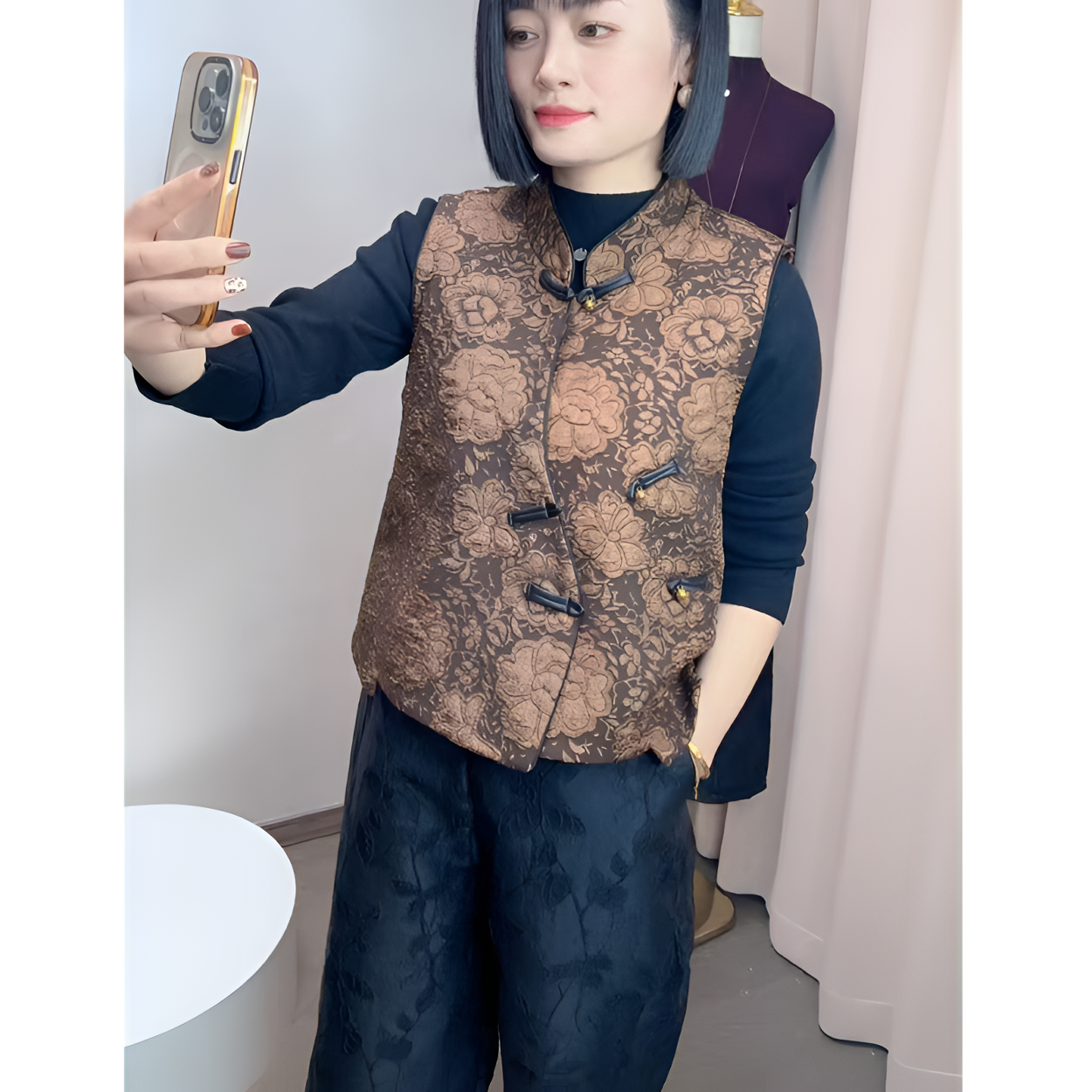 织锦加棉复古国风标准女厚款免烫冬季马夹花色提花棉衣马甲