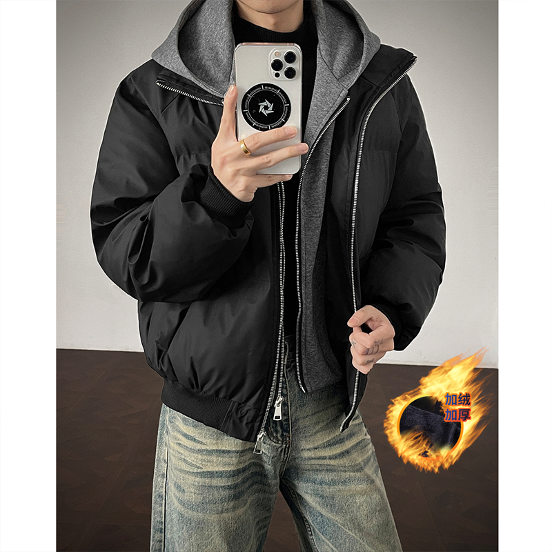 【bdcy】冬季潮流700g重磅一体绒假两件棉服男女同款痞帅连帽皮夹克