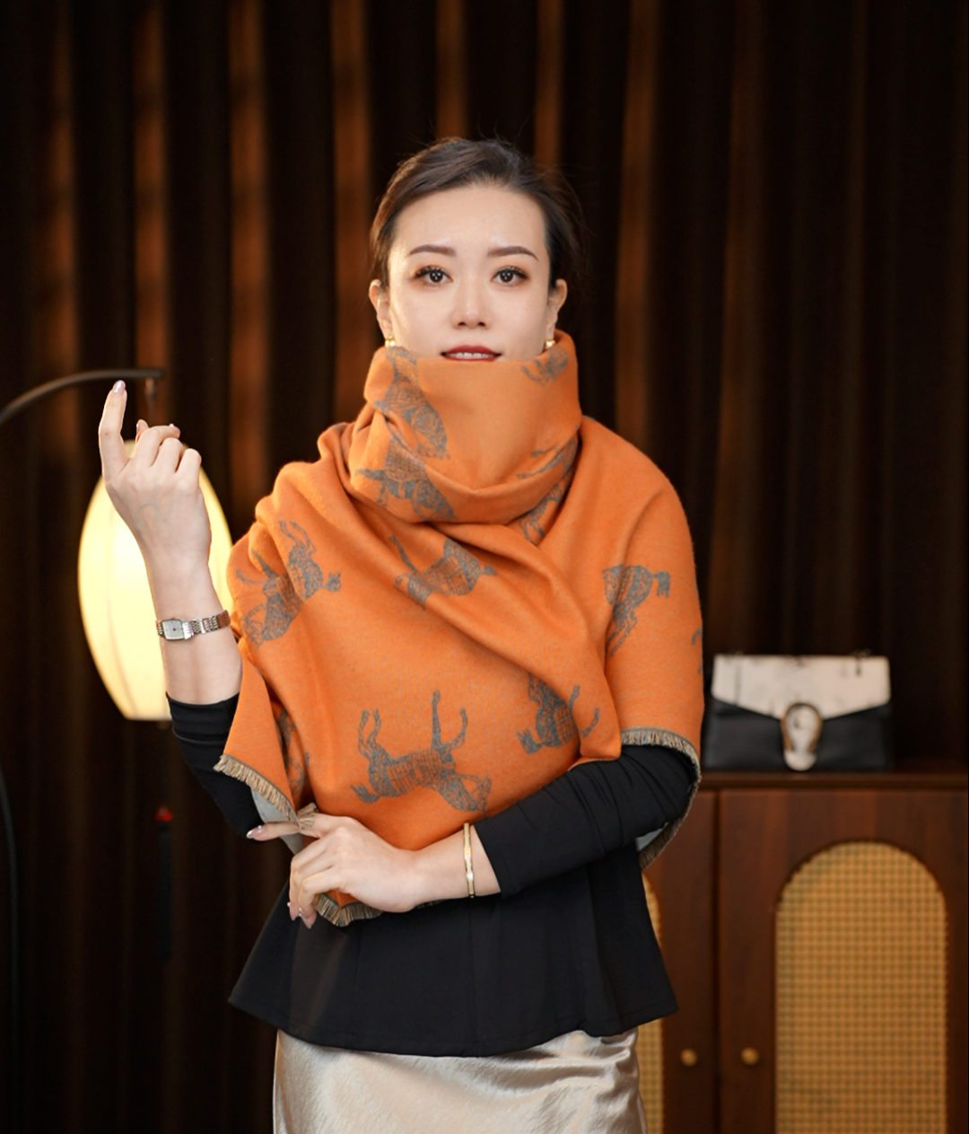 T18071-【爱马橙灰】新款羊毛百搭橙色灰色双色双面长方围巾180*70