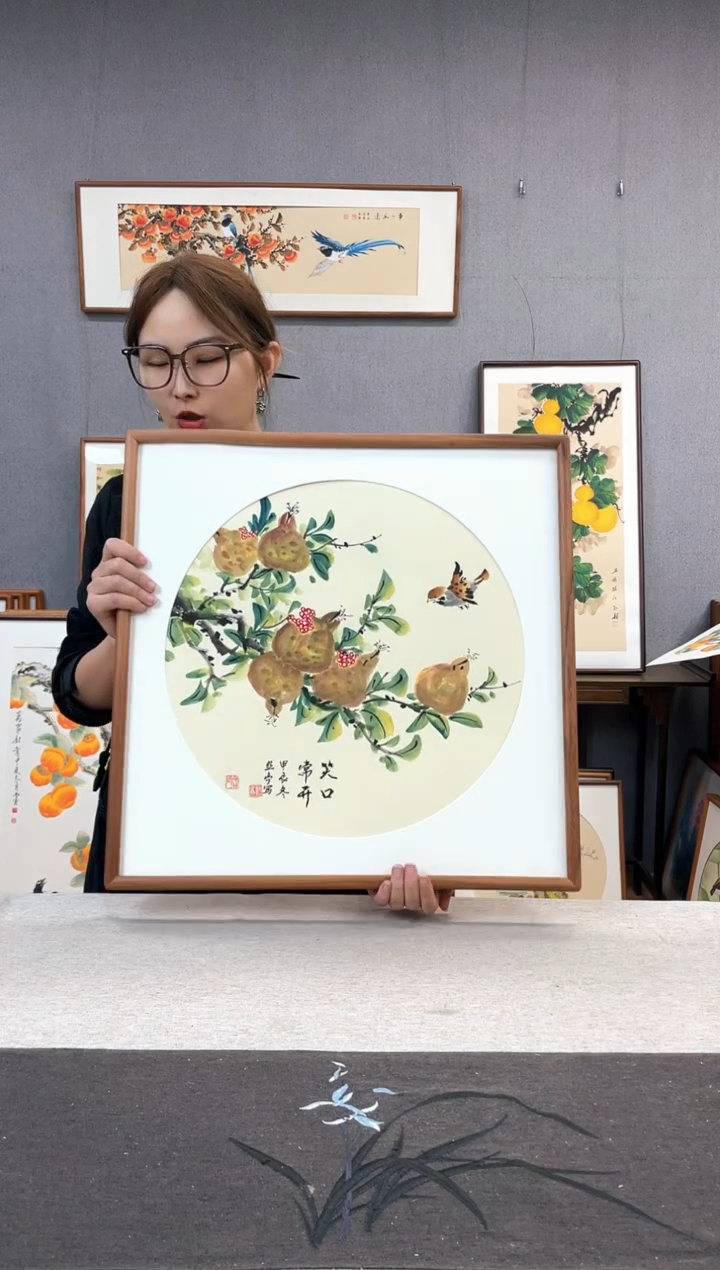 【闪购商品】国画贺照亭-纯手绘带框作品-52*52-石榴