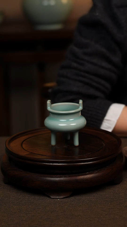 瓷片仿古天青全手工三足香炉 一级 不带礼盒