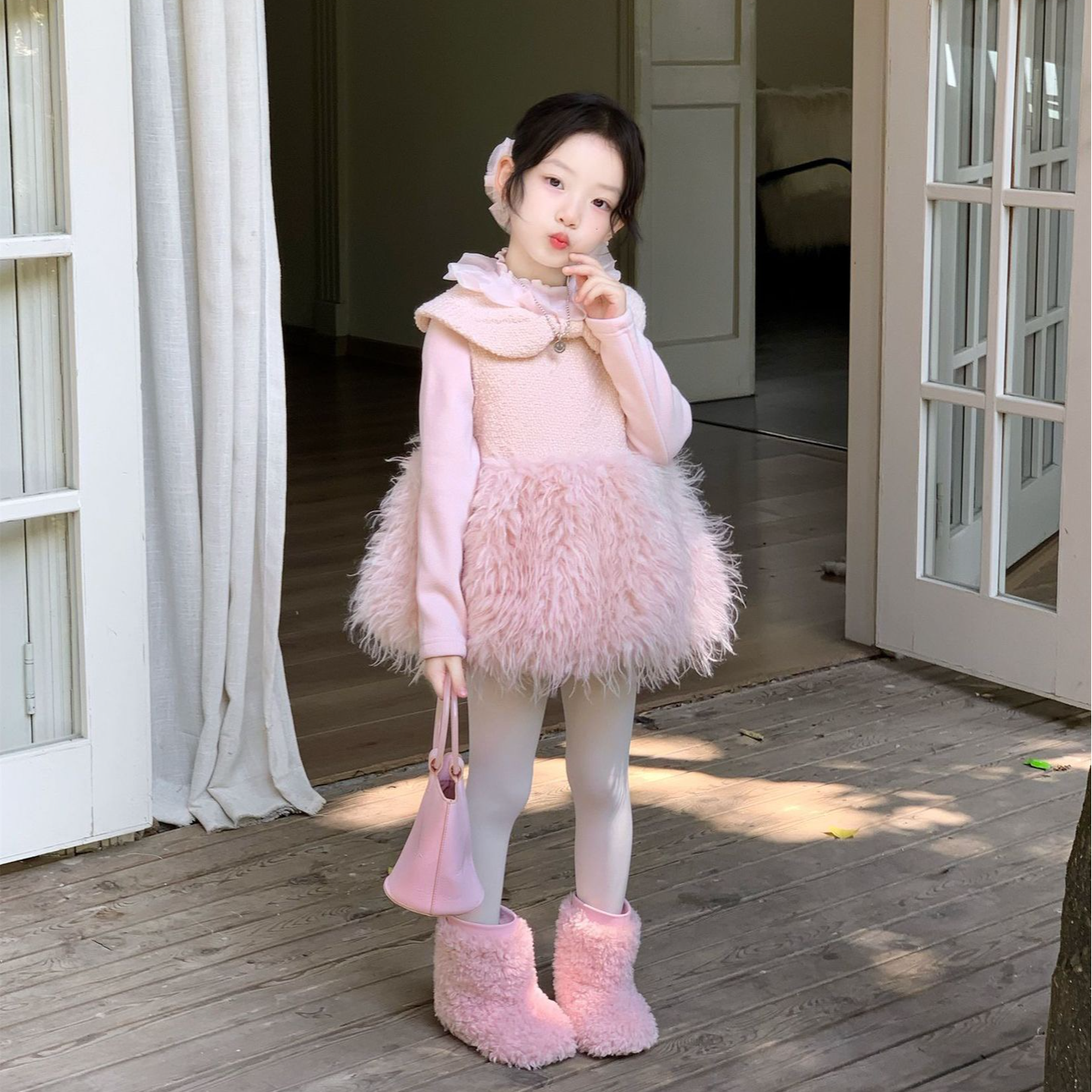 空空子.Studio【粉绒甜心】2025冬季女童加绒打底衫夹棉背心裙套装