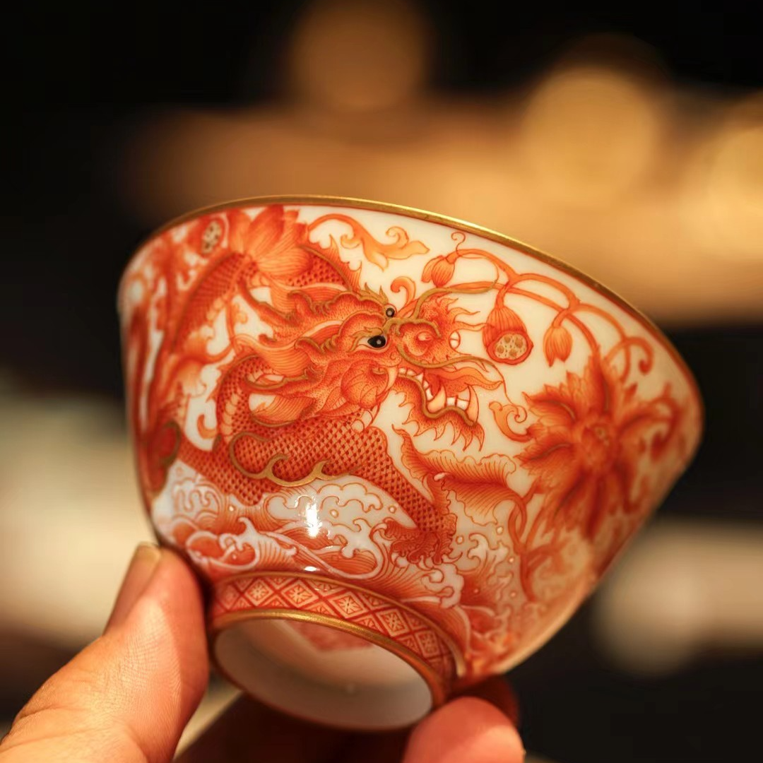 溢珍堂矾红双龙描金高档撇口杯
