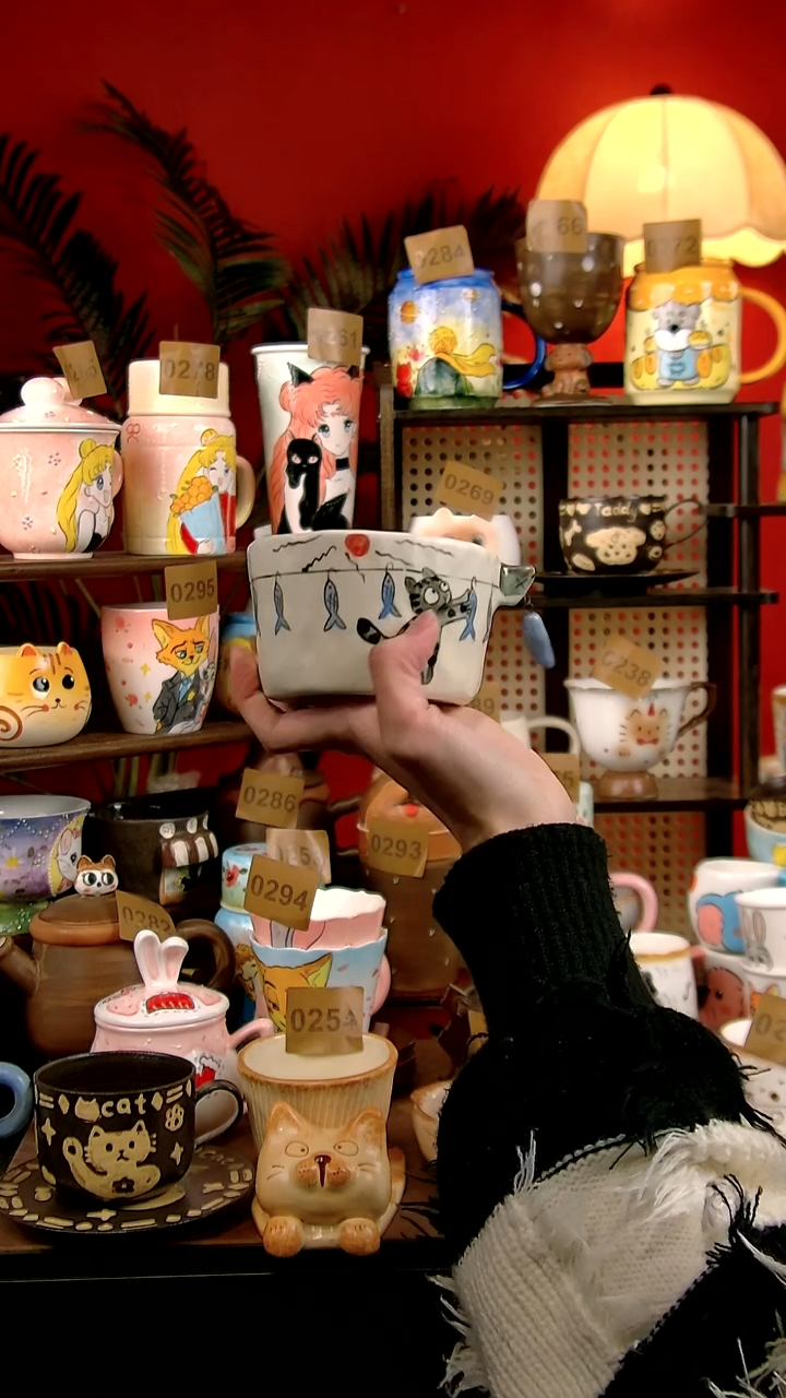 杯子瓷DIY景德镇创意手工陶瓷卡通风小猫摸鱼咖啡杯