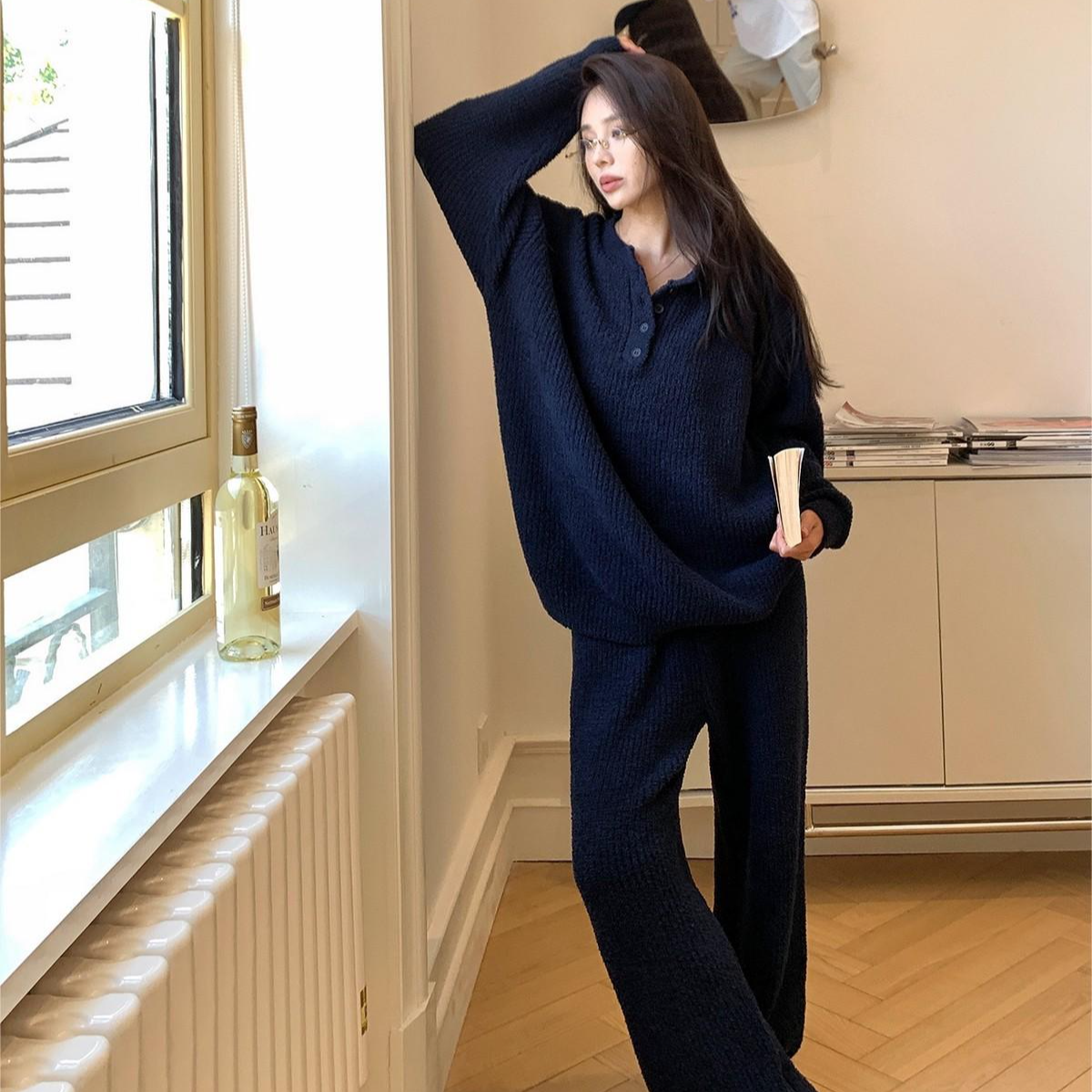 半边绒战歌款亨利领情侣睡衣套装女秋冬宽松保暖可外穿家居服