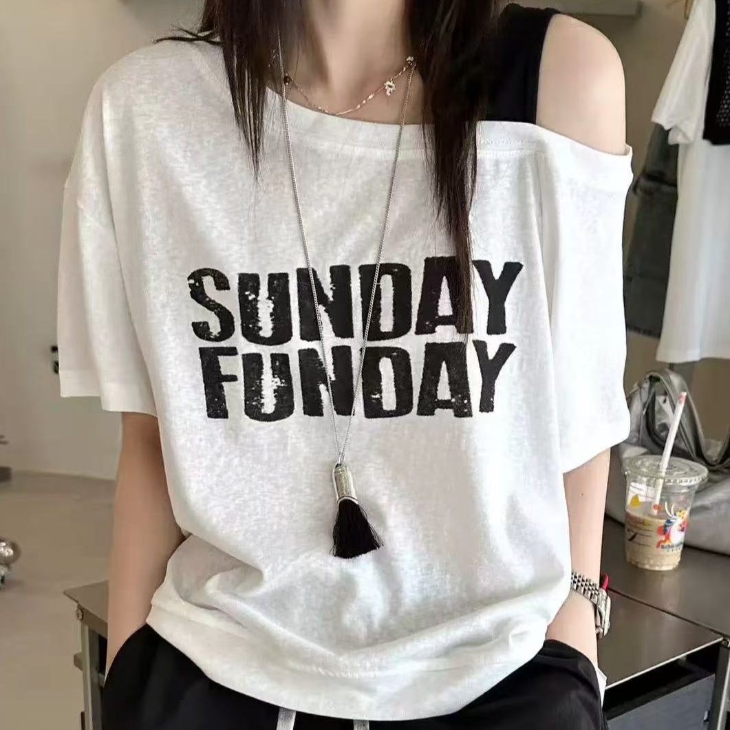 25夏季设计新款气质时尚休闲短袖宽松显瘦T恤百搭懒人慵懒上衣