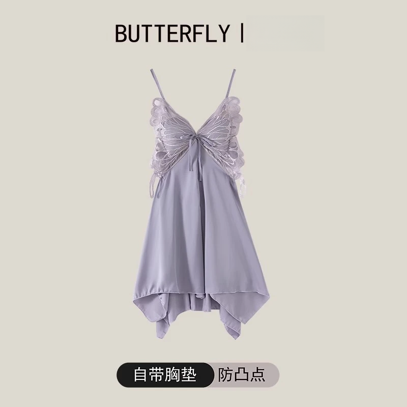 爆款小野猫女款丝纯欲蝴蝶吊带睡裙美背吊带睡衣带胸垫睡裙2025