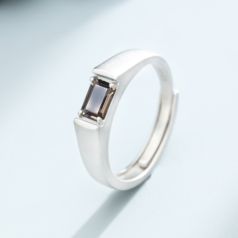 天然茶色水晶[在水一方]925实心纯银戒指开口戒珠宝首饰时尚大气