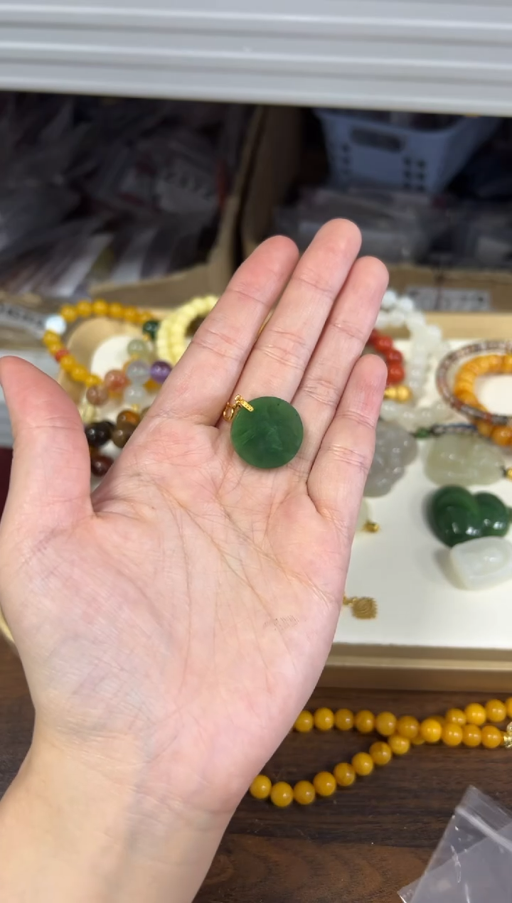 项链银S925镶嵌和田玉和田玉碧玉小圆牌银吊坠[77]