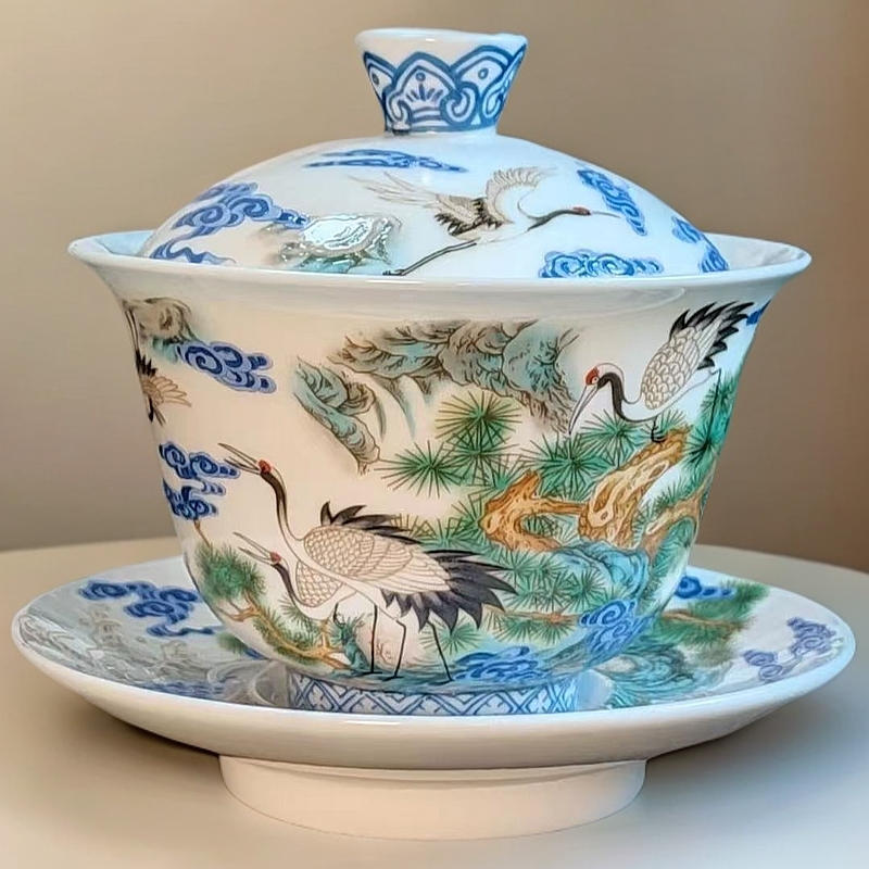 白瓷-松鹤延年三才盖碗喝茶器具1076