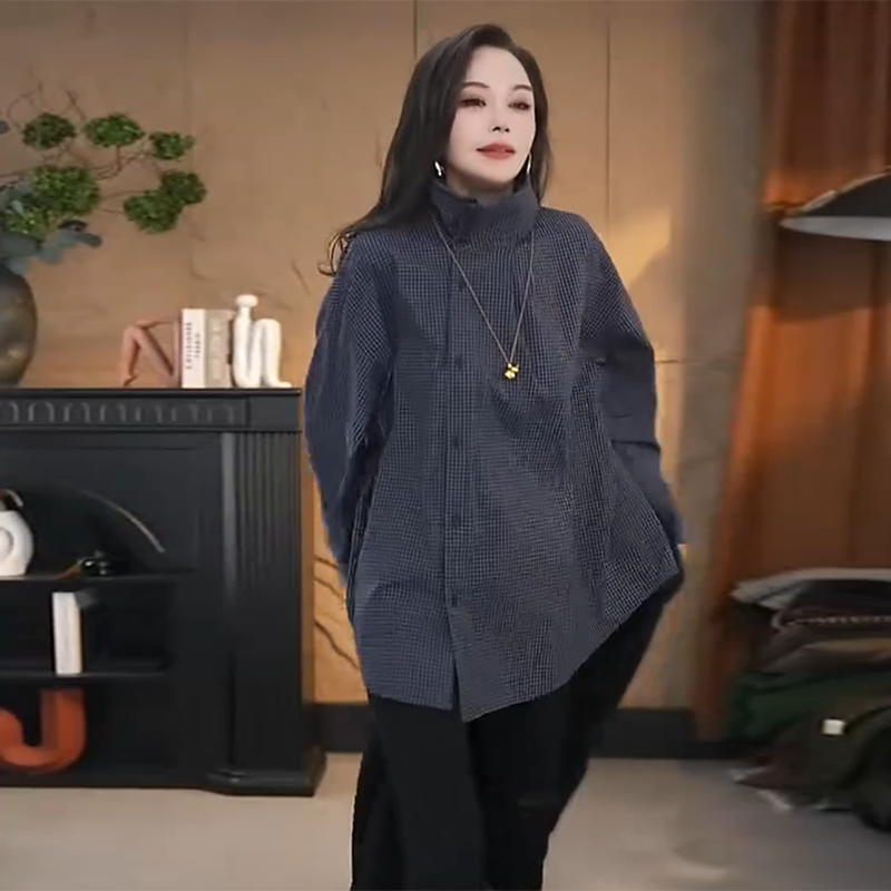 韩版立领不规则纽扣格子衬衫女秋季新款洋气独特设计感长袖上衣潮