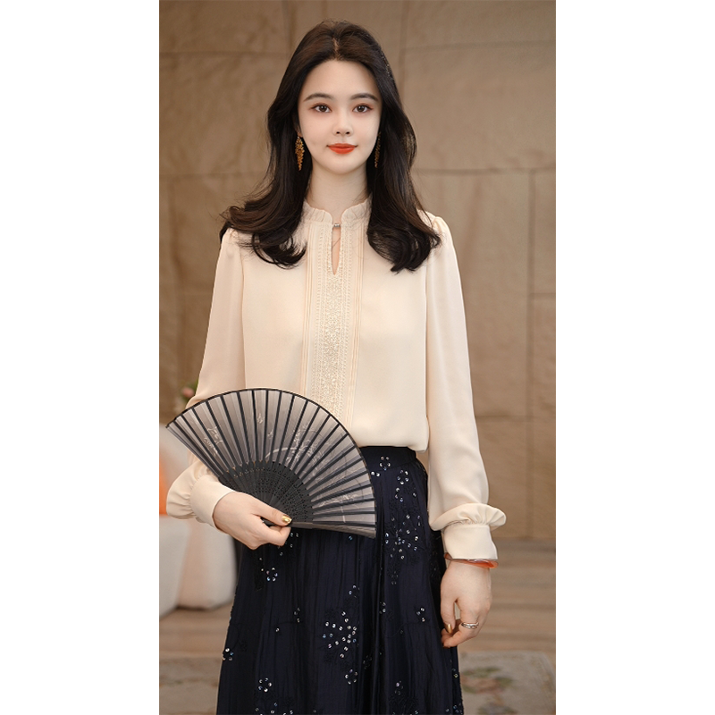 【小北甄选】曼贝8593032米杏色新款气质减龄女小众复古衬衣显瘦