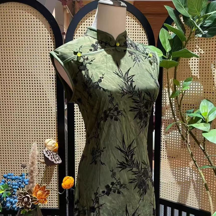 【拾光】夏季新款复古植绒无袖气质优雅国风旗袍裙