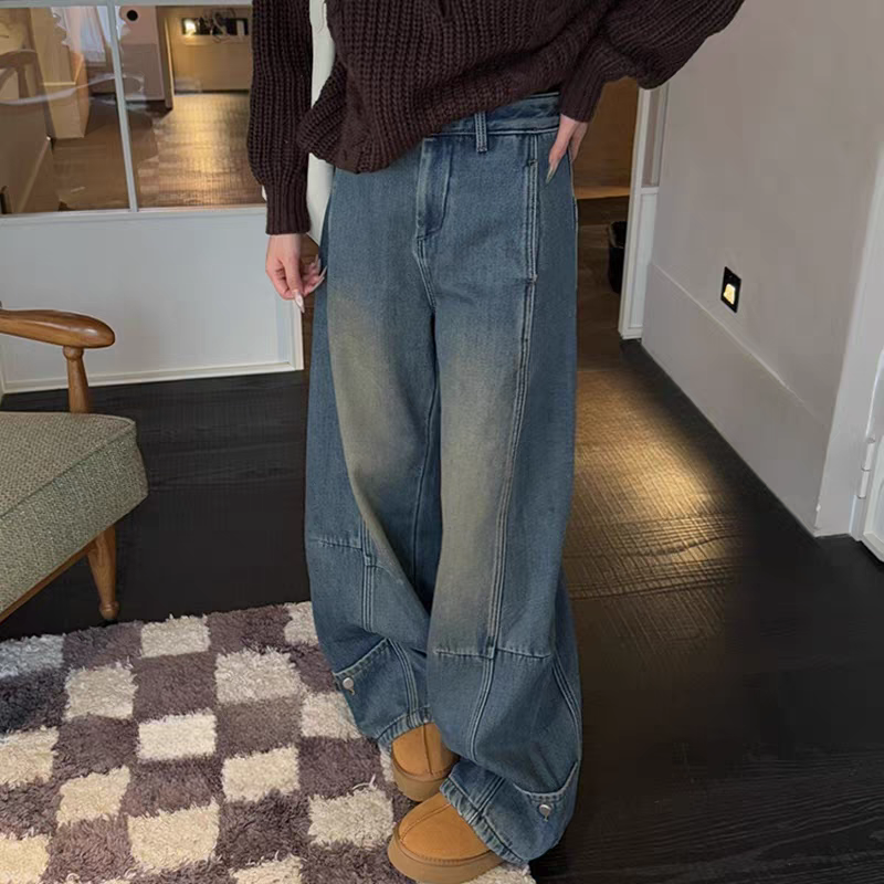 8857#美式加绒直筒牛仔裤女三褶皱设计感休闲百搭宽松洋气