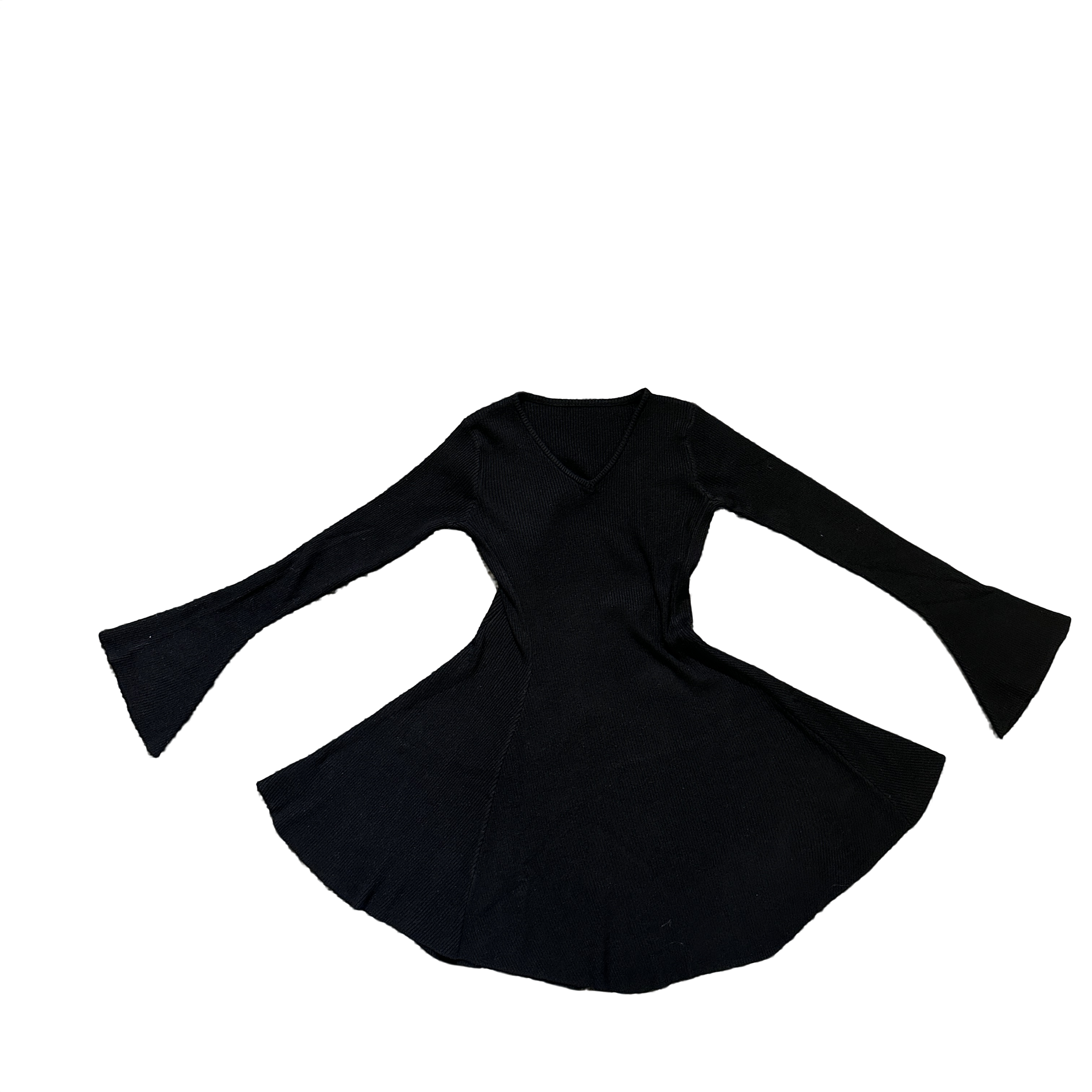 V领喇叭袖收腰修身毛织连衣裙