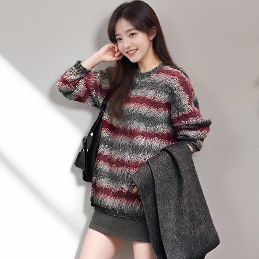 酱灰毛衣 编织坑条圆领撞色针织