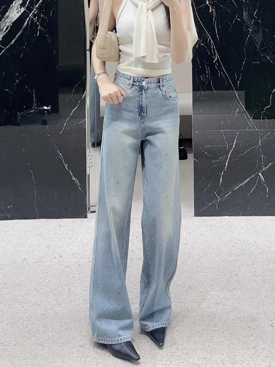 设计师品牌~2025年春季新款高腰重工钻饰才会做旧宽松牛仔裤长裤