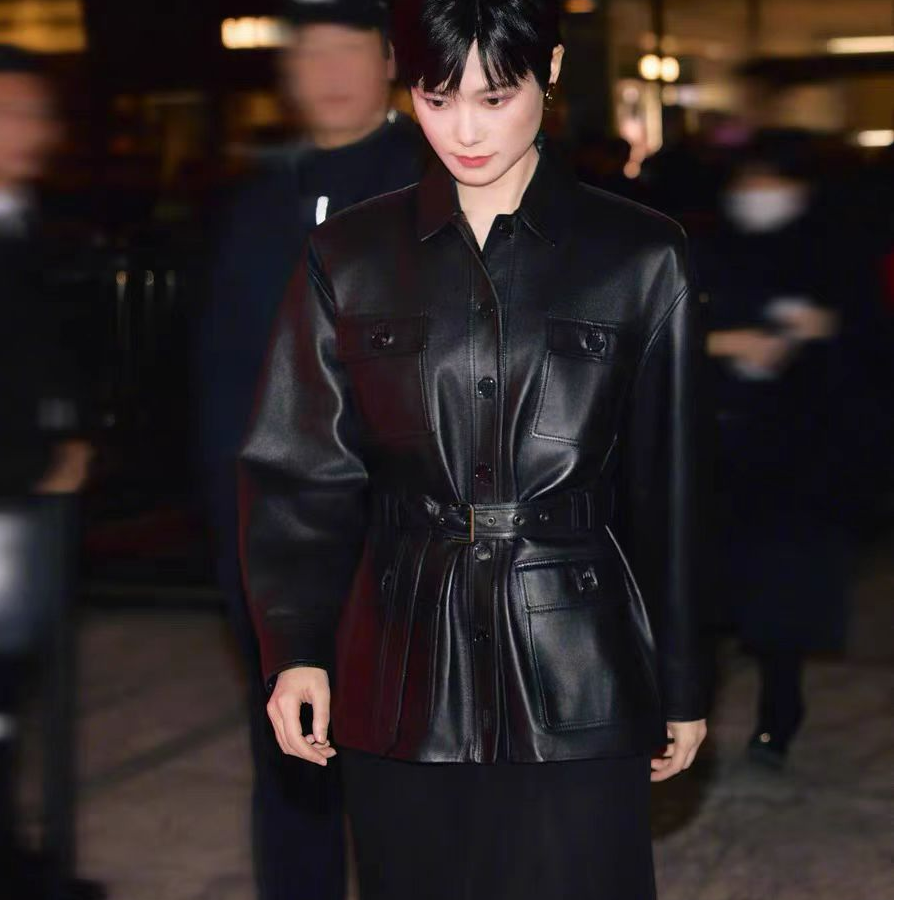 明星同款真皮山羊皮中长款系腰带杨树林百搭女款皮衣外套女