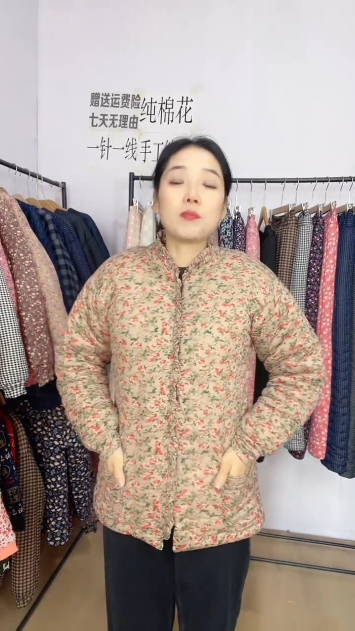 福利款手工棉花棉袄女冬季厚款带口袋110-125斤穿