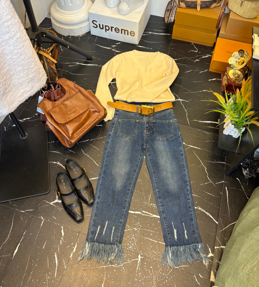 D25 120310 流苏牛仔直筒裤女新款修身高腰弹力显瘦烟管裤