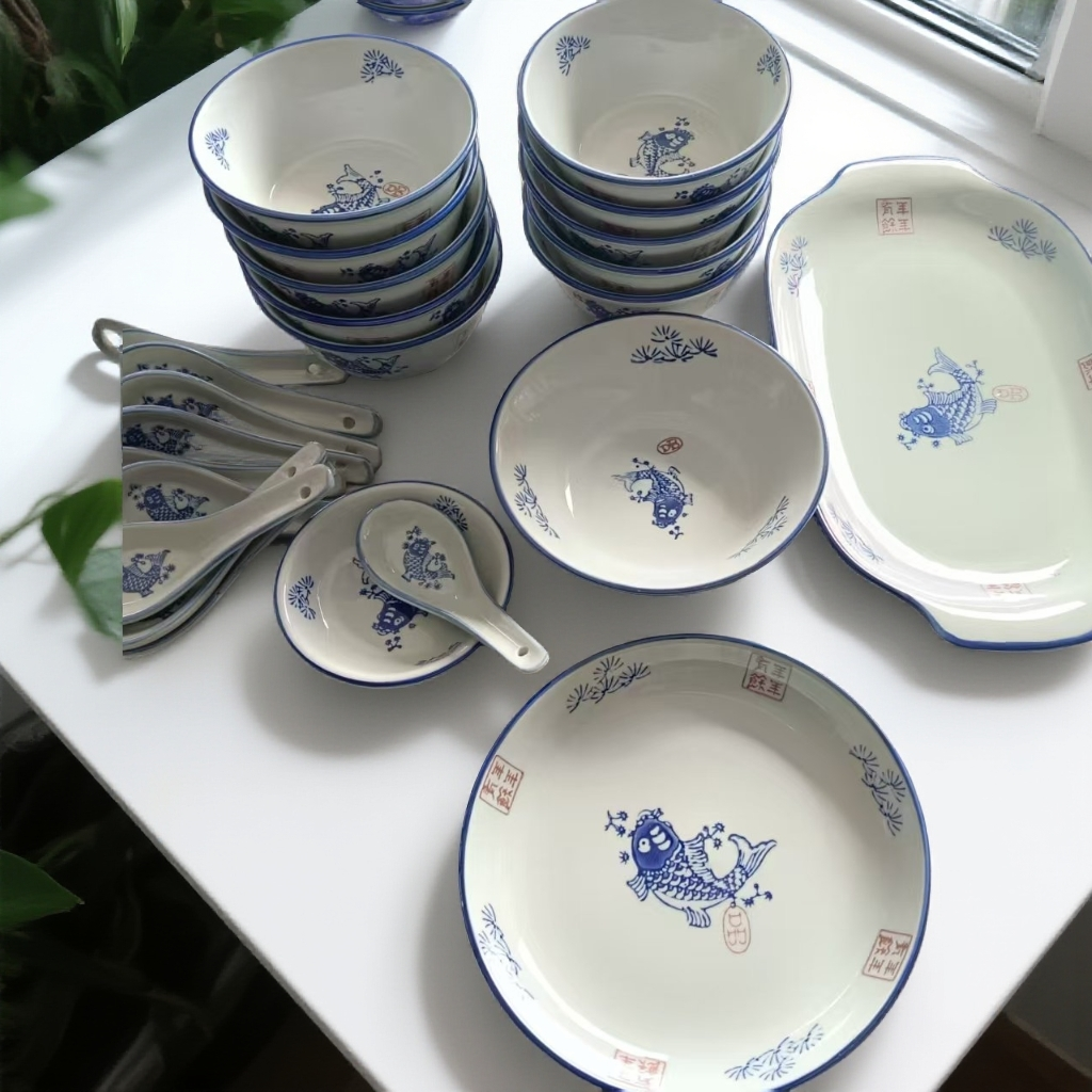 年年有鱼 复古家用陶瓷饭碗司旧老式釉下彩碗