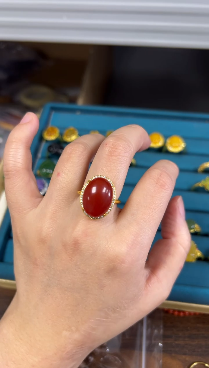 未镶嵌戒指玛瑙/玉髓柿子红玛瑙大鸽子蛋镶嵌款戒指[99]