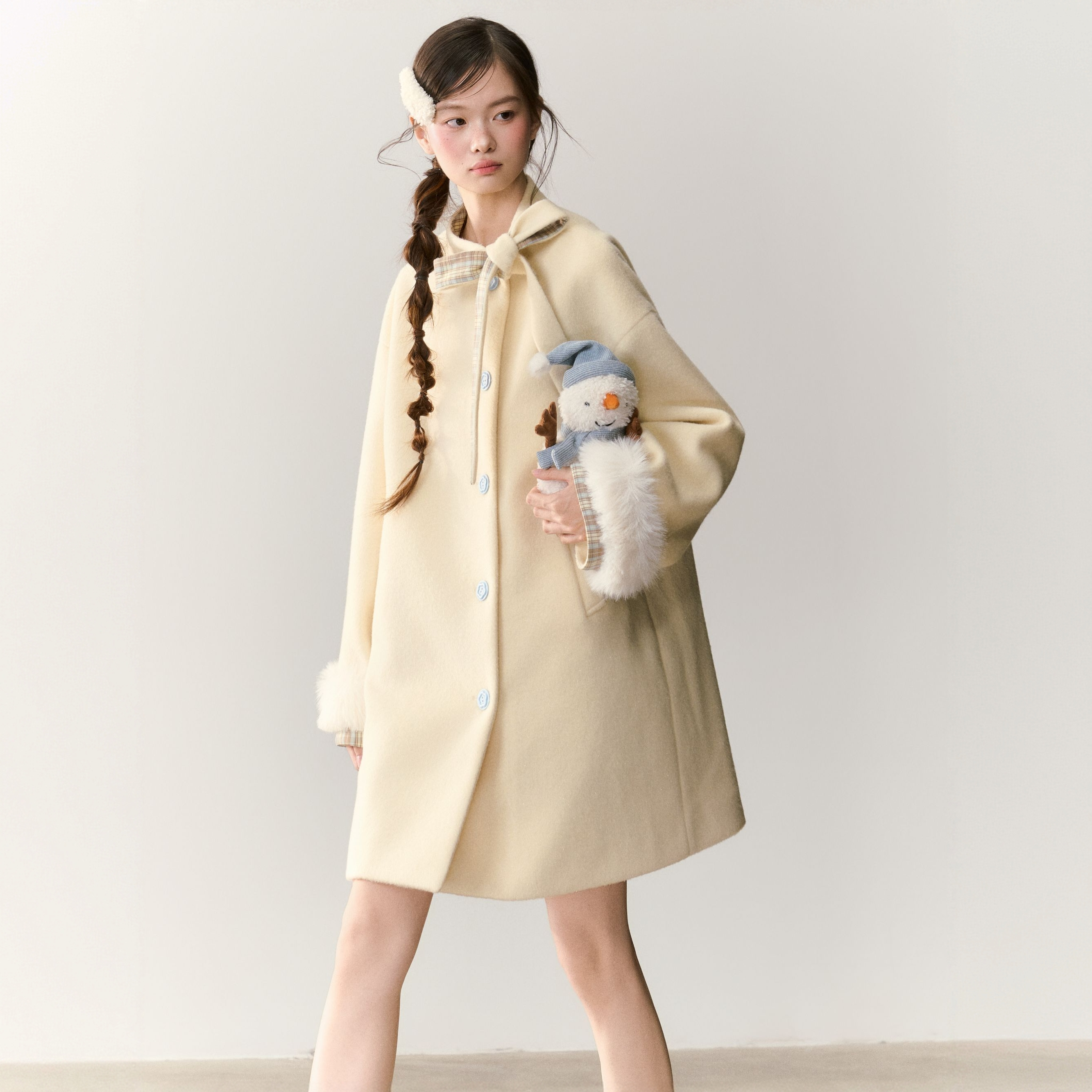 umoumo乌蘑原创设计蝴蝶结绑带拼接毛呢大衣UMOWT14803