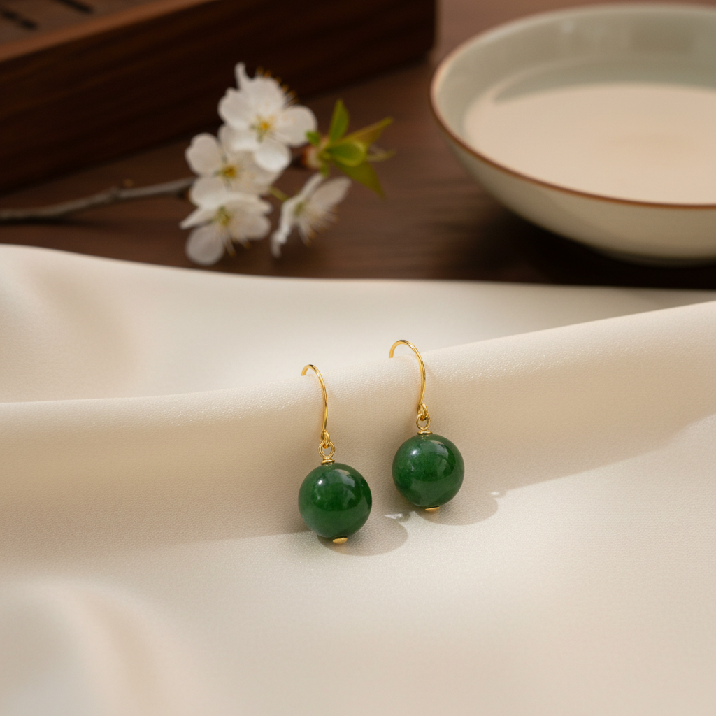 和田玉满绿经典圆珠银镶嵌耳坠约12mm有微小矿点