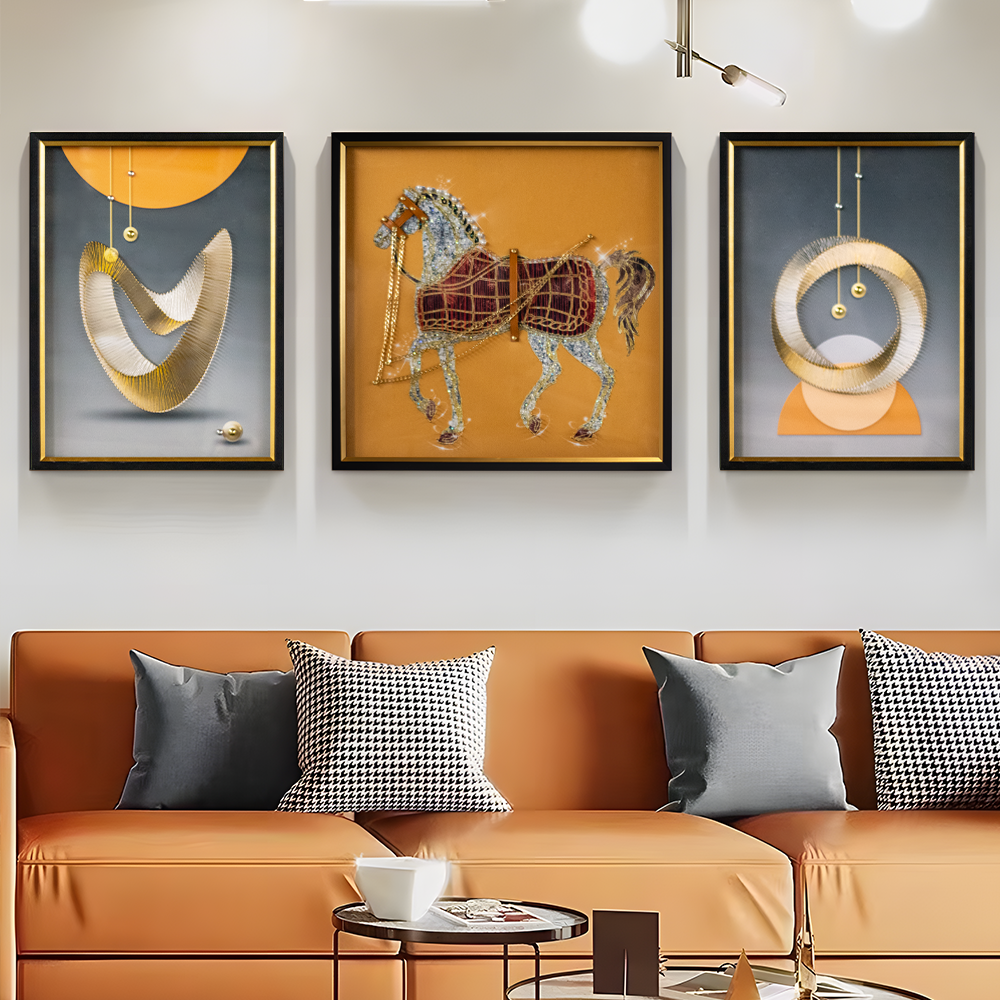 新高端实物轻奢装饰画 玻璃装裱沙发背景墙 轻奢三联挂画马80200