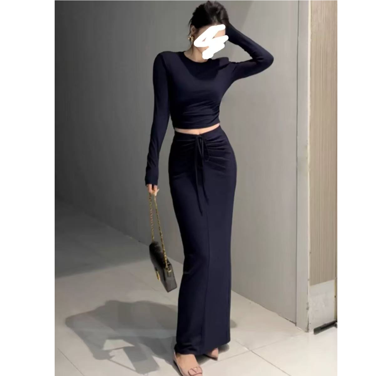 新款2025秋季设计感长袖T恤上衣+抽绳褶皱包臀长裙两件套