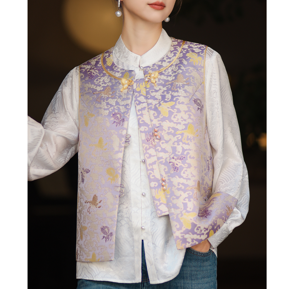 金鱼闹彩蝶新中式宋锦提花背心中国风女2025早春款新中式马甲