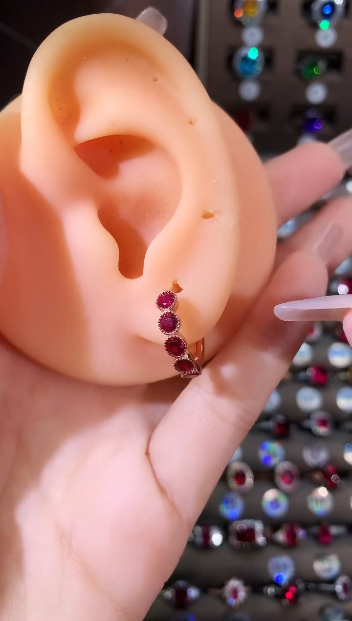 银S925镶嵌耳饰红宝石玫瑰金酒红