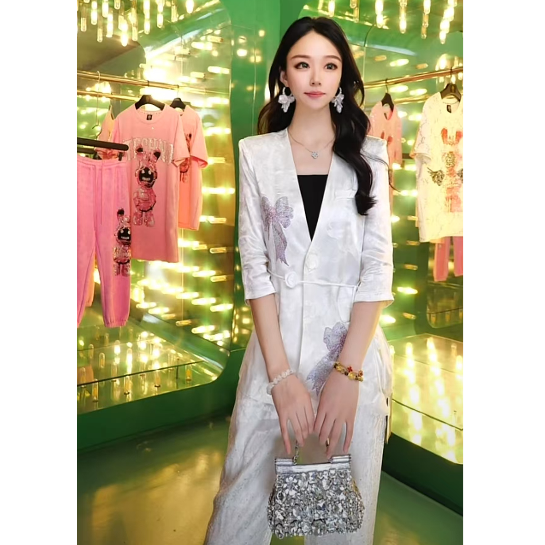 TCH潮牌25春夏新款蝴蝶结洋气烫钻白色西服外套T75A04M9035