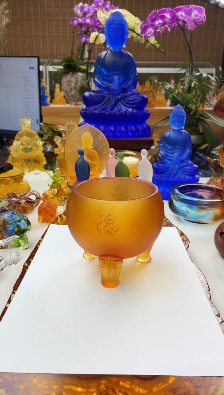 手工艺品琉璃三角双福香炉琥珀色