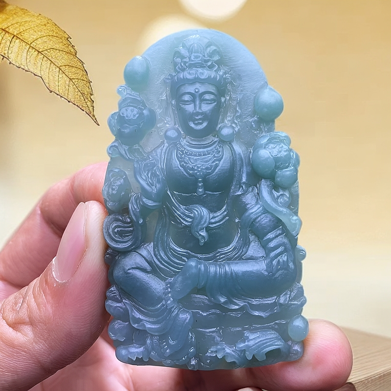 天然翡翠挂件 度母观音 尺寸：69/41/8