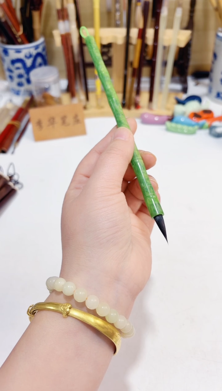 绿色竹节杆作品纯紫毫毛笔1支 出锋2.0 口径0.6  试墨不售后 