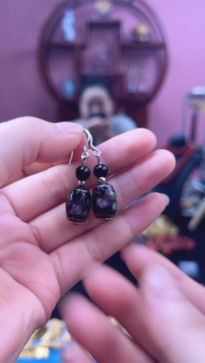 非遗 景泰蓝耳饰 黑色桶珠