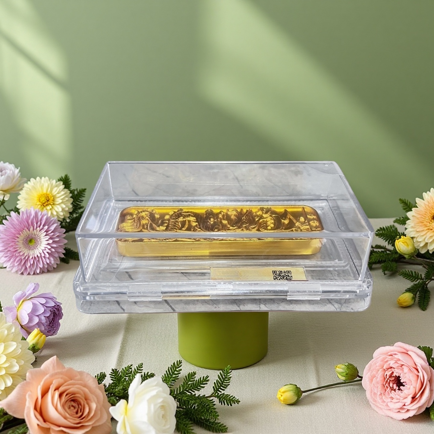 龙凤呈祥长条金色实心9999 水晶礼品盒包装G116