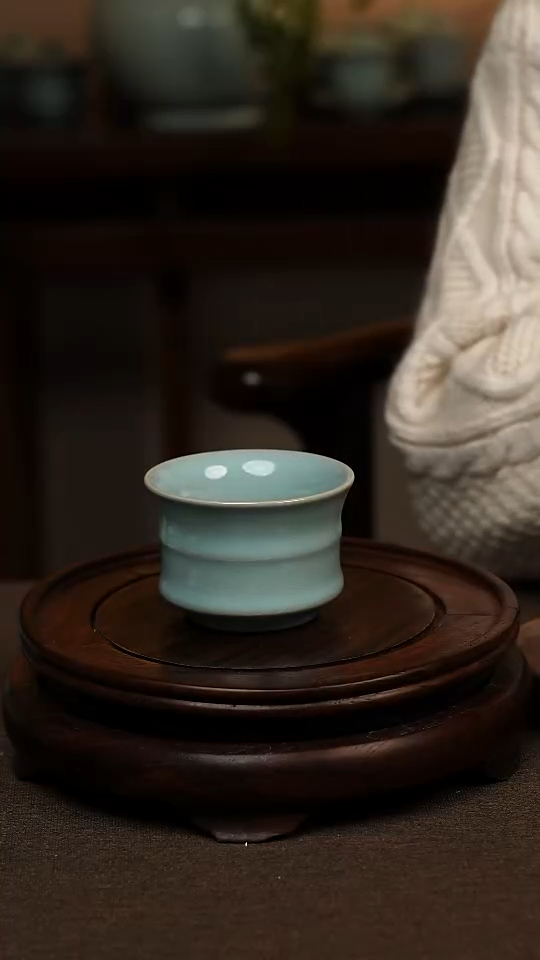 瓷片天青色束腰竹节杯100ml微瑕不带礼盒