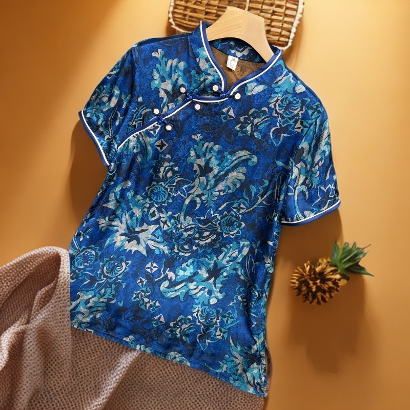 旗袍蓝（0025）新中式香云纱短袖T恤中长款洋气时尚高贵国风中年女