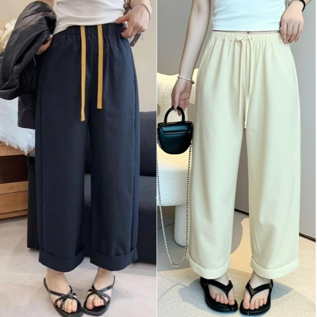 26209夏季新款时尚松紧腰抽绳纯色哈伦直筒休闲裤女卷边九分裤